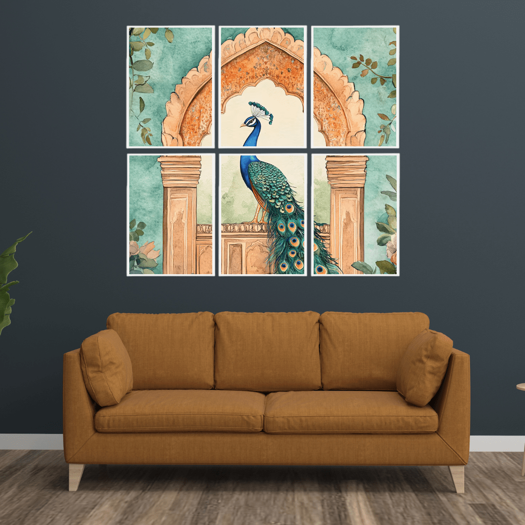 Set- 6 Royal Peacock Multi-Frame Wall Art | Traditional Indian Décor - Memories InsitePEACOCK MULTI DESIGN -FRAME- WHITE